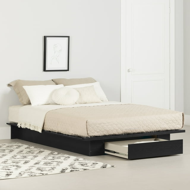 South Shore Primo Full/Queen Platform Bed with Drawer, in Black Oak
