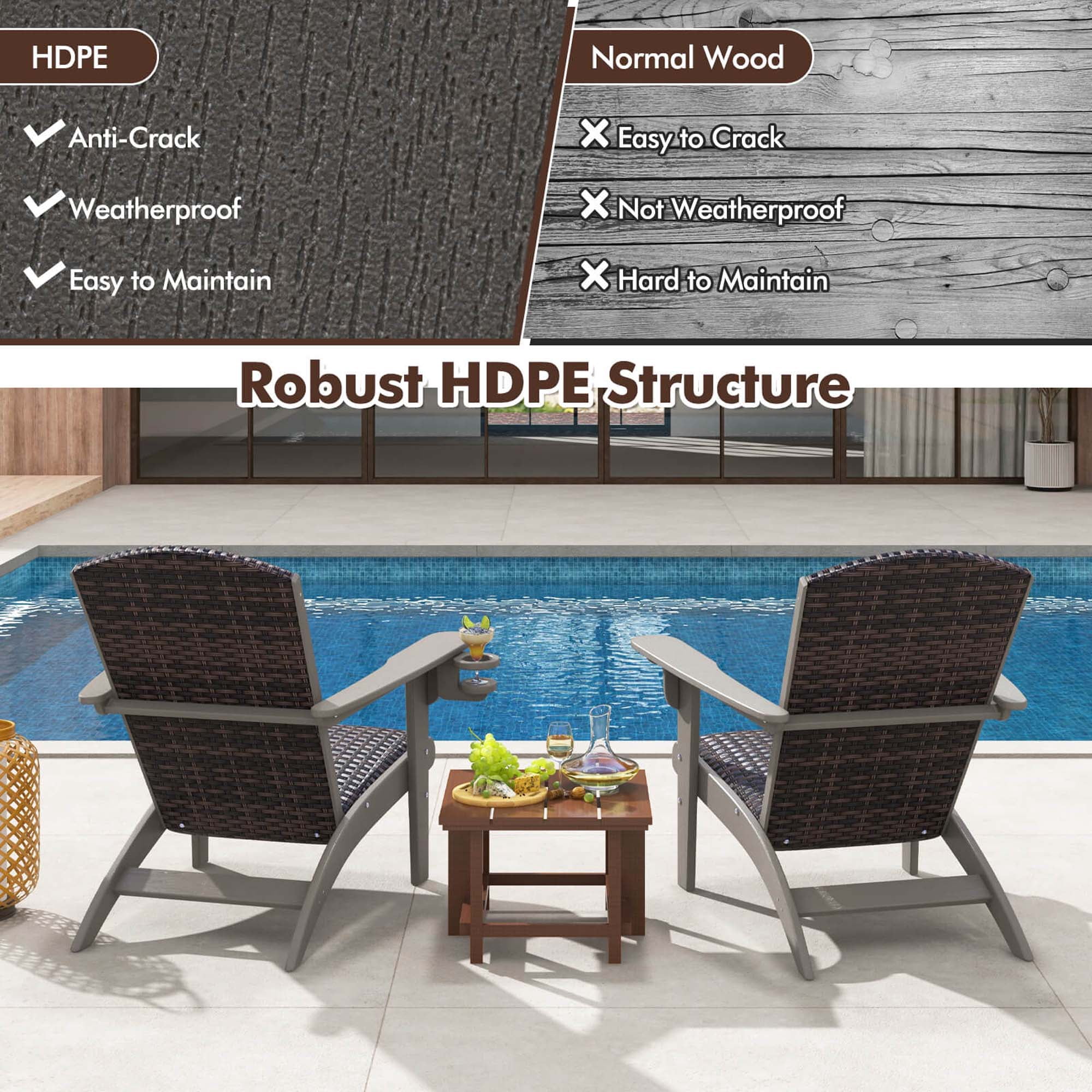 Costway Patio Adirondack Chair with Rattan Padded Seat Wide Armrests & Hidden Cupholder Gray