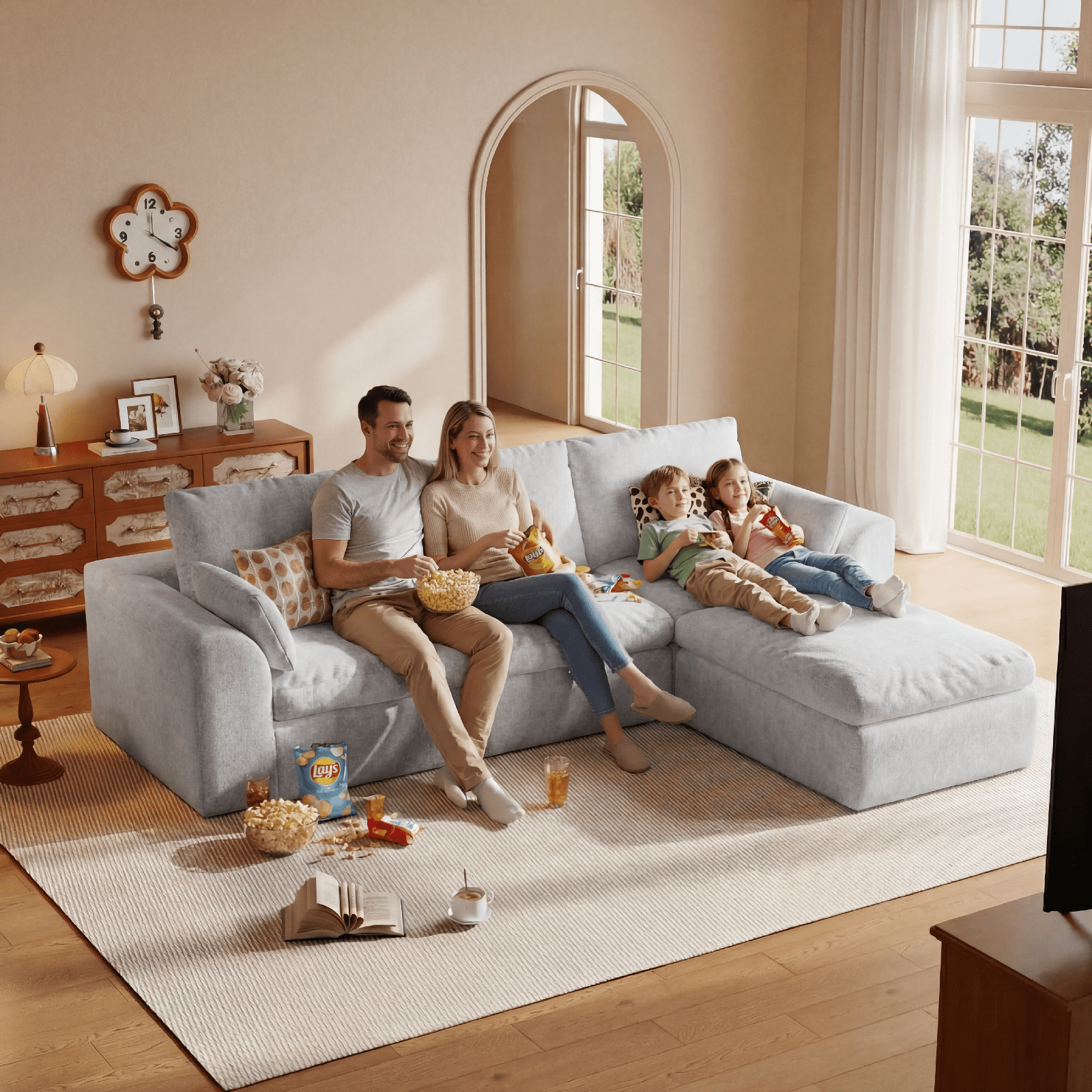 Cubente 108" Cloud Sectional Couch, Boneless Couch, L Shaped Couch with Ottoman, Chenille Modular Sofa for Living Room