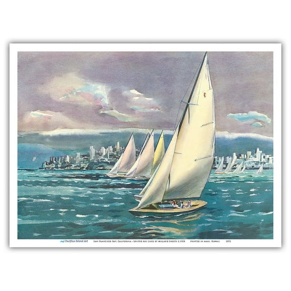 San Francisco Bay California - Sailing Regatta - United Air Lines - Vintage Airline Travel Poster by Millard Sheets c.1958 - Master Art Print (Unframed) 9in x 12in