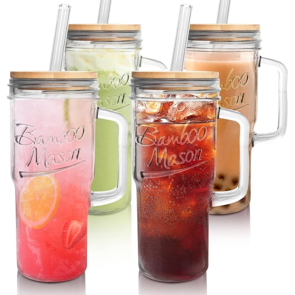 Glass Cups with Lids and Straws - 24 oz Tumbler with Handle Christmas Coffee Cups Glass Straws Mason Jar Cups Drinking Set Kitchen Coffee Bar House Warming Gifts New Home