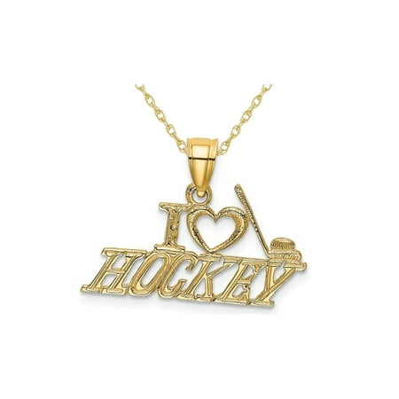 14K Yellow Gold I LOVE HOCKEY Charm Pendant Necklace with Chain