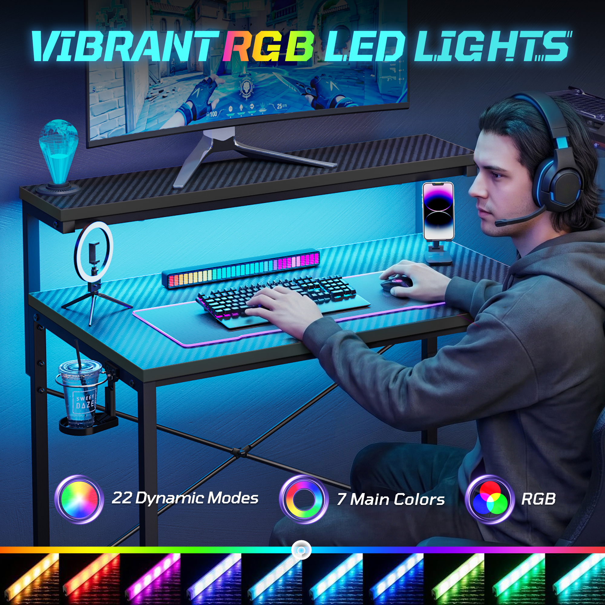 RSPGAME 47" Gaming Desk with Monitor Stand and RGB LED Lights photo 8