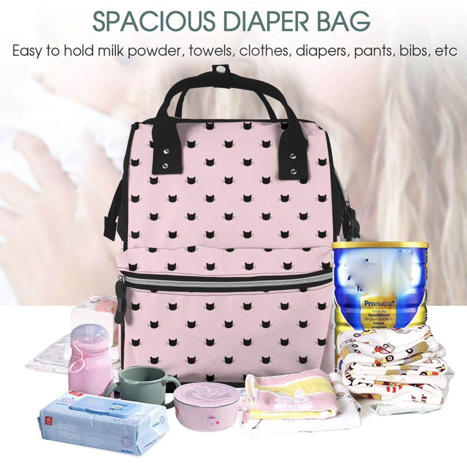Xecao Cute Cat print Large Capacity Nappy Bag is a multi-functional waterproof travel backpack, perfect as a nursing bag or mummy backpack for women
