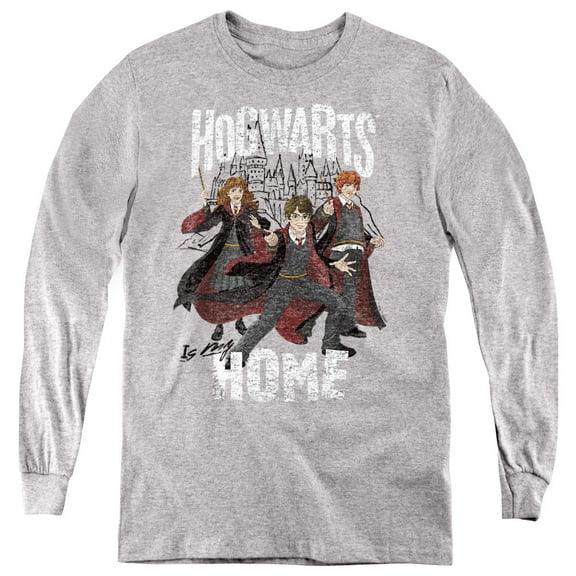 Harry Potter Hogwarts Is My Home Youth Long Sleeve T Shirt, Athletic Heather, Medium