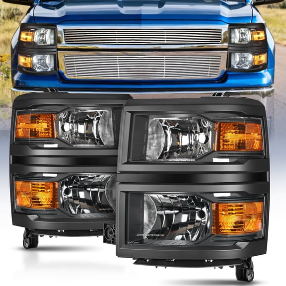 Nilight Headlight Assembly for 2014 2015 Chevy Silverado 1500 Pickup Truck Replacement Headlamp Black Housing Amber Reflector Driver and Passenger Side, 2 Years Warranty