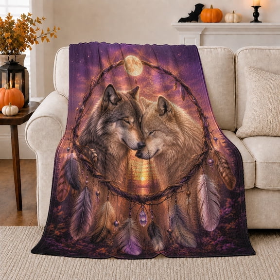 Two Wolves under Full Moon with Feathers and Circle, Mystical Wildlife Motif for Wolf Lovers, Anniversary Gift, Cozy Flannel Blanket for Cabin and Bedroom, Rustic Home Decor