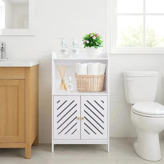 YOYTOO Bathroom Floor Storage Cabinet, 4 Tier Free Standing Shelving Unit Organizer Stand with 2 Doors 4 Shelves for Small Spaces, White