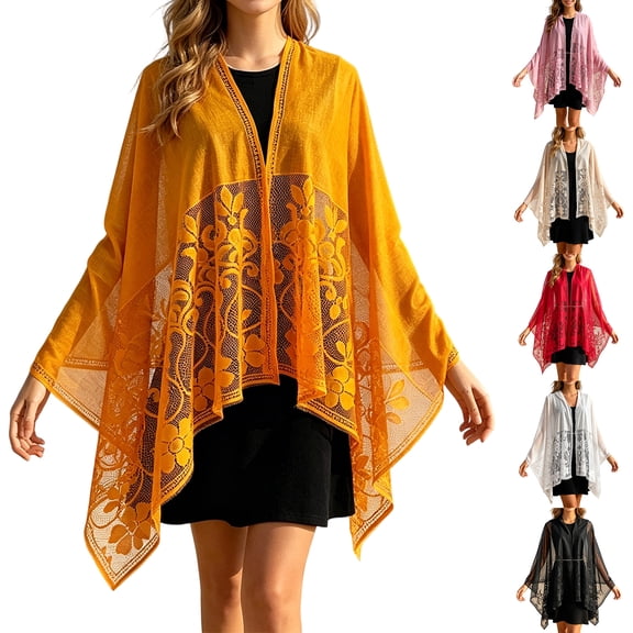 AHMOMEI Women’s Lace Floral Open Front Kimono Cardigan, Lightweight Sheer Embroidered Cover Up, Casual Summer Beach Shawl (Beige)