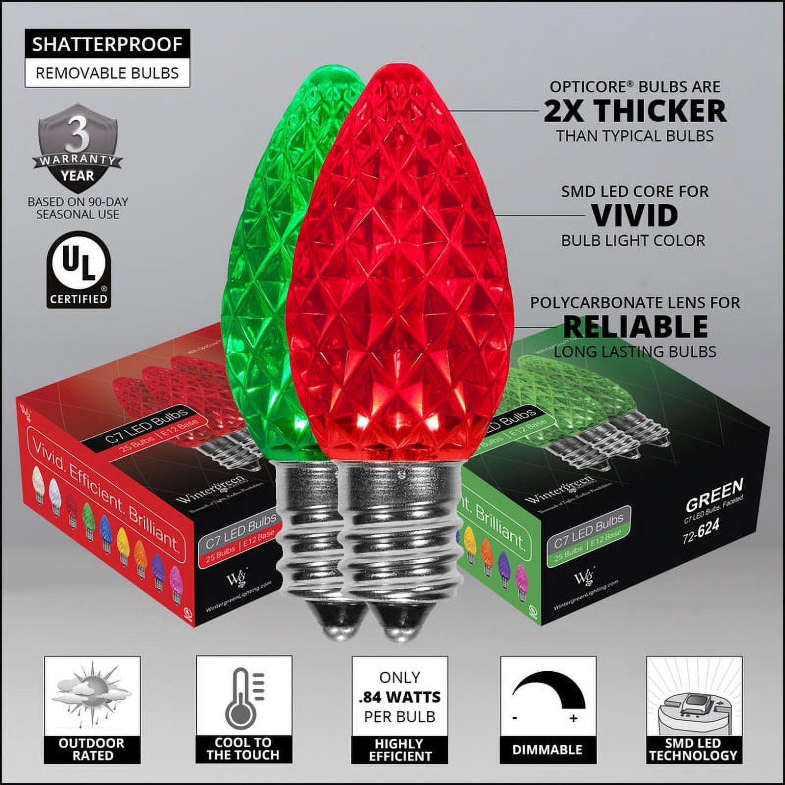 OptiCore C7 Red and Green Christmas Lights, LED String Lights with Shatterproof Christmas Bulbs, 50 Lights, 50ft