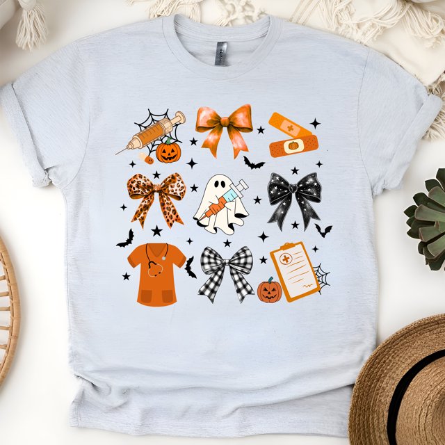Nurse Graphic T-Shirt | Cute Ghost with Syringe and Bow Design Tee, Ash, Size L