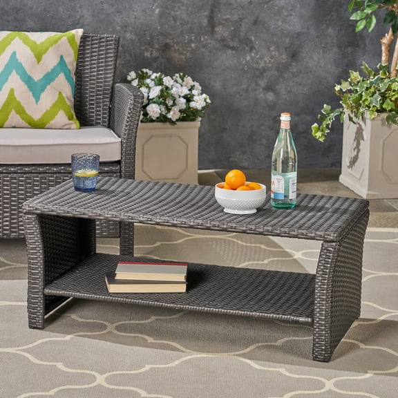 Olurrisa Grey Outdoor Rattan Table with Storage Shelf, Weather Resistant for Patio, Balcony or Garden