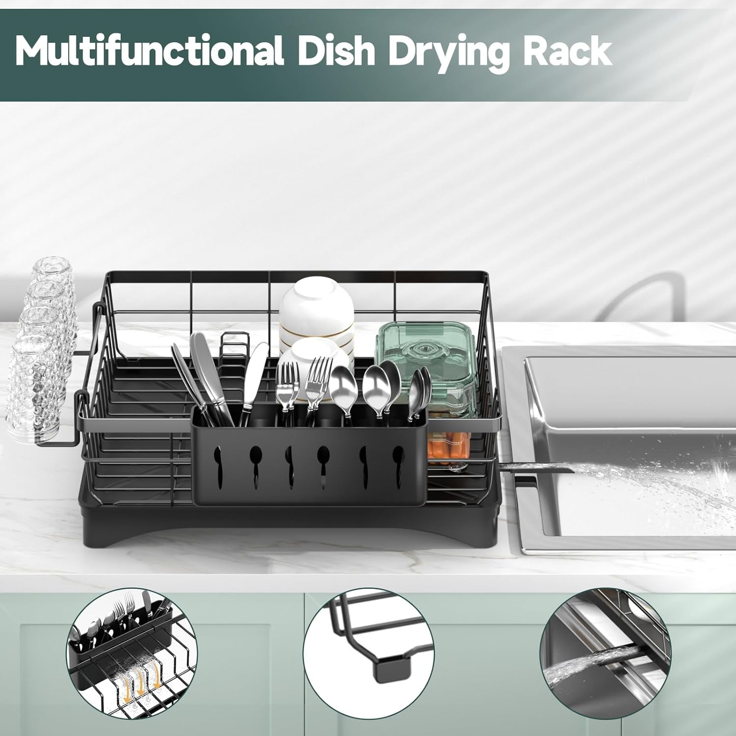 Dish Drying Rack, AOKIWO Kitchen Counter Stainless Steel Large 1 Tier Dish Drainer with Drainboard Over Sink for Cups, Knives, Spoons, and Forks (L16.9"*W12.5")