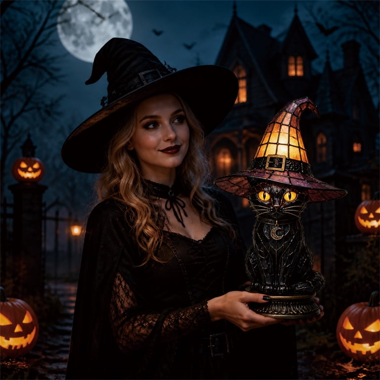 Stained Glass Witch Hat Gothic Night Lamp, 12 Vintage Witchy Halloween Table Light, Spooky Decor Ornament for Night Stand Bedroom Living Room Office Halloween Display (Yellow