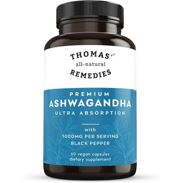 Thomas' all-natural Remedies Organic Ashwagandha Root Supplement 1000mg, Ultra Absorption with Black Pepper, 60 Vegan Capsules