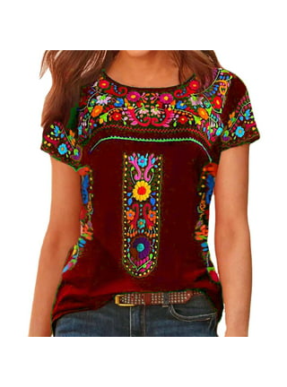 Higustar Mexican Embroidered Peasant Blouses for Women Boho Tops Short  Sleeve Bohemian Traditional Fiesta Summer Tunic Shirt : :  Clothing