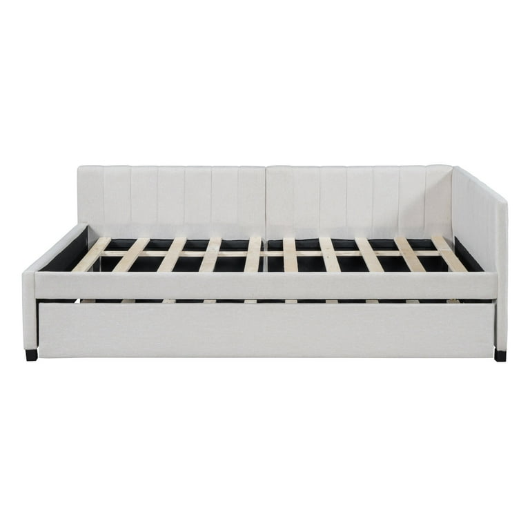 Full Daybed with Trundle Upholstered Trundle Bed with Linen Headboard Modern Day Bed Couch for Kids Teens Adults Beige