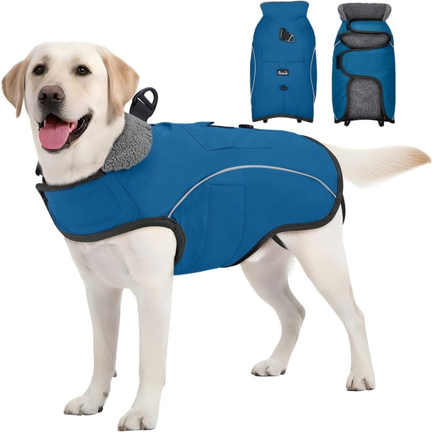 Abrigo para Perros, Impermeable Chaqueta de Invierno con Bolsillo y Forro Polar, Chamarras Cálida Reflectante Resistente al Viento, para Perros Medianos y Grandes (Azul)
