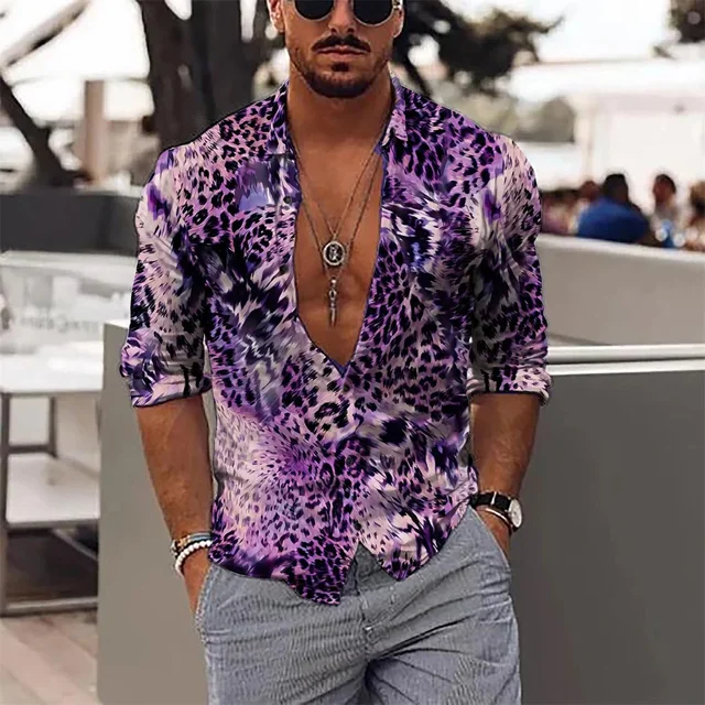 Camisa con estampado de leopardo de moda de gran venta para hombre, color zafiro, morado, gris, informal, para exteriores, primavera y verano, materiales de alta calidad