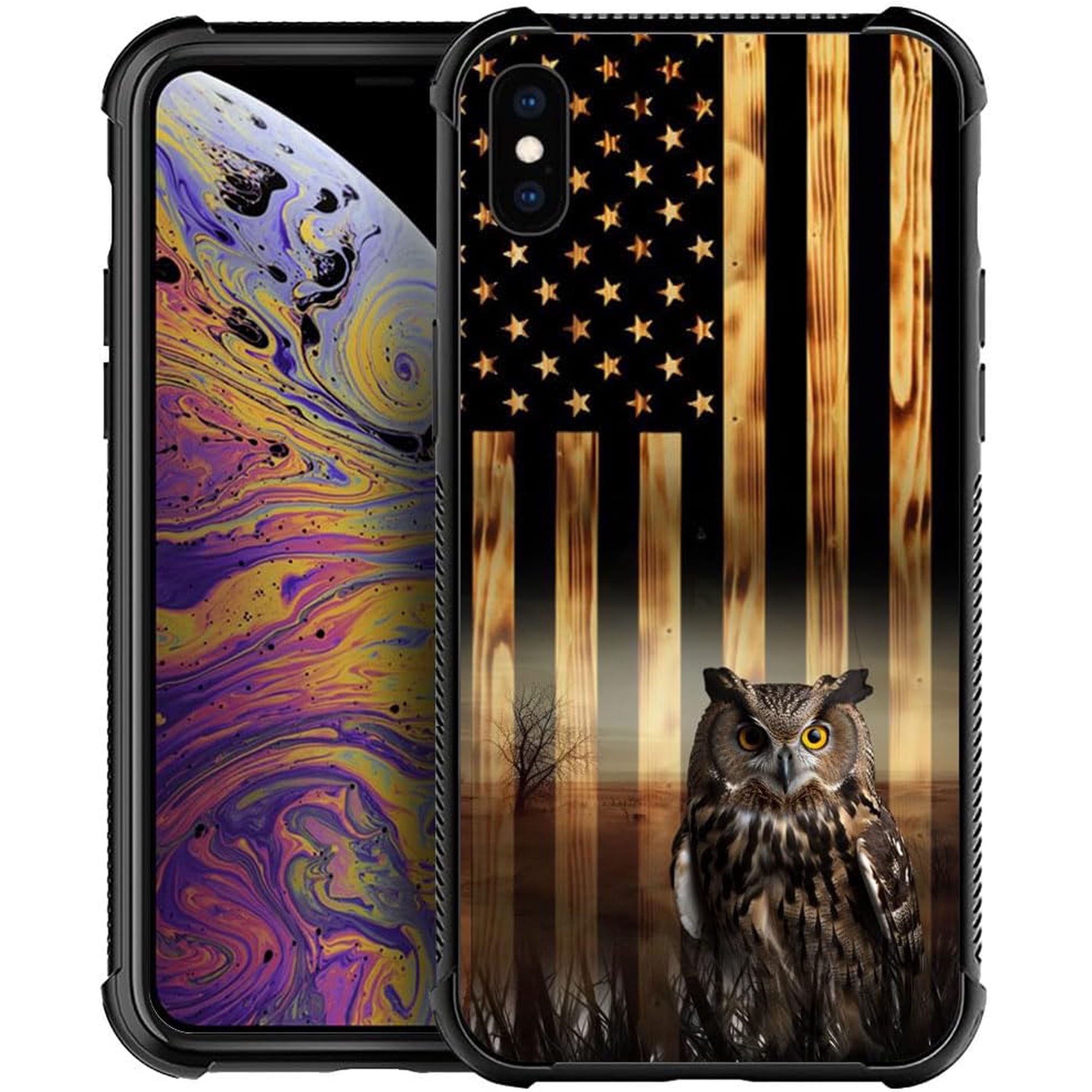 Case Compatible with iPhone Xs, Cases for Women Gifts, Shockproof Anti-Scratch Cover, Wood Grain American Flag owl