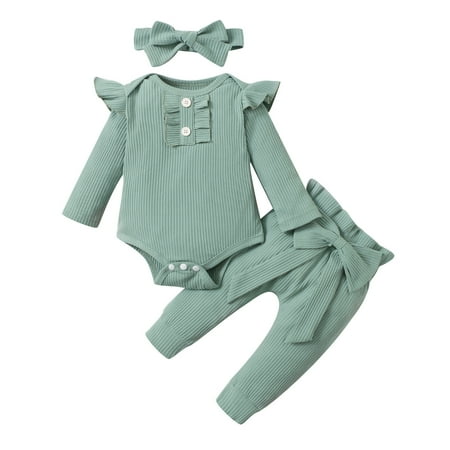 

TAIAOJING Baby Girls Clothes Ruffles Long Sleeve Solid Romper Bodysuit+Bowknot Pants Headbands Outfits Clothing Set 3-6 Months