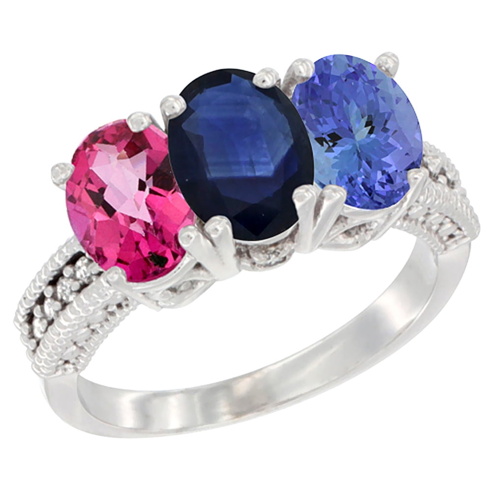 14K White Gold Natural Pink Topaz, Blue Sapphire & Tanzanite Ring 3-Stone 7x5 mm Oval Diamond Accent, sizes 5 10 by WorldJewels