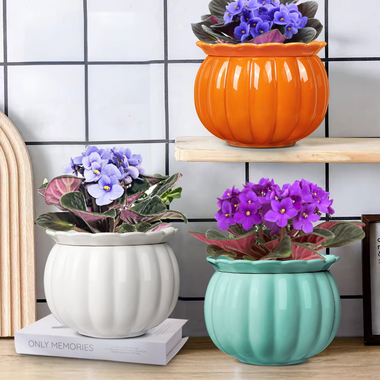 BUYMAX 6 in. Ceramics Self-Watering Planter,African Violet Pot for Beginners & Busy Plant Owners,Pumpkin Orange