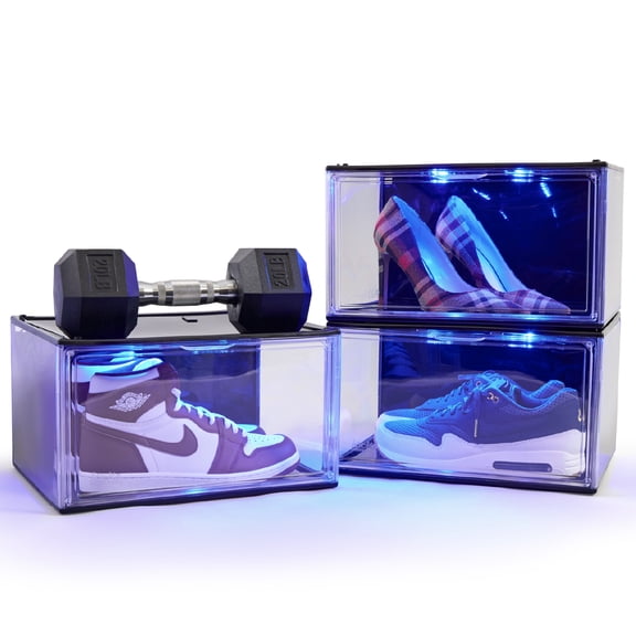 Kicks & Co XL Clear Plastic Stackable Shoe Storage Box for Sneakers Remote Control LED Light Fits Up to Size 13