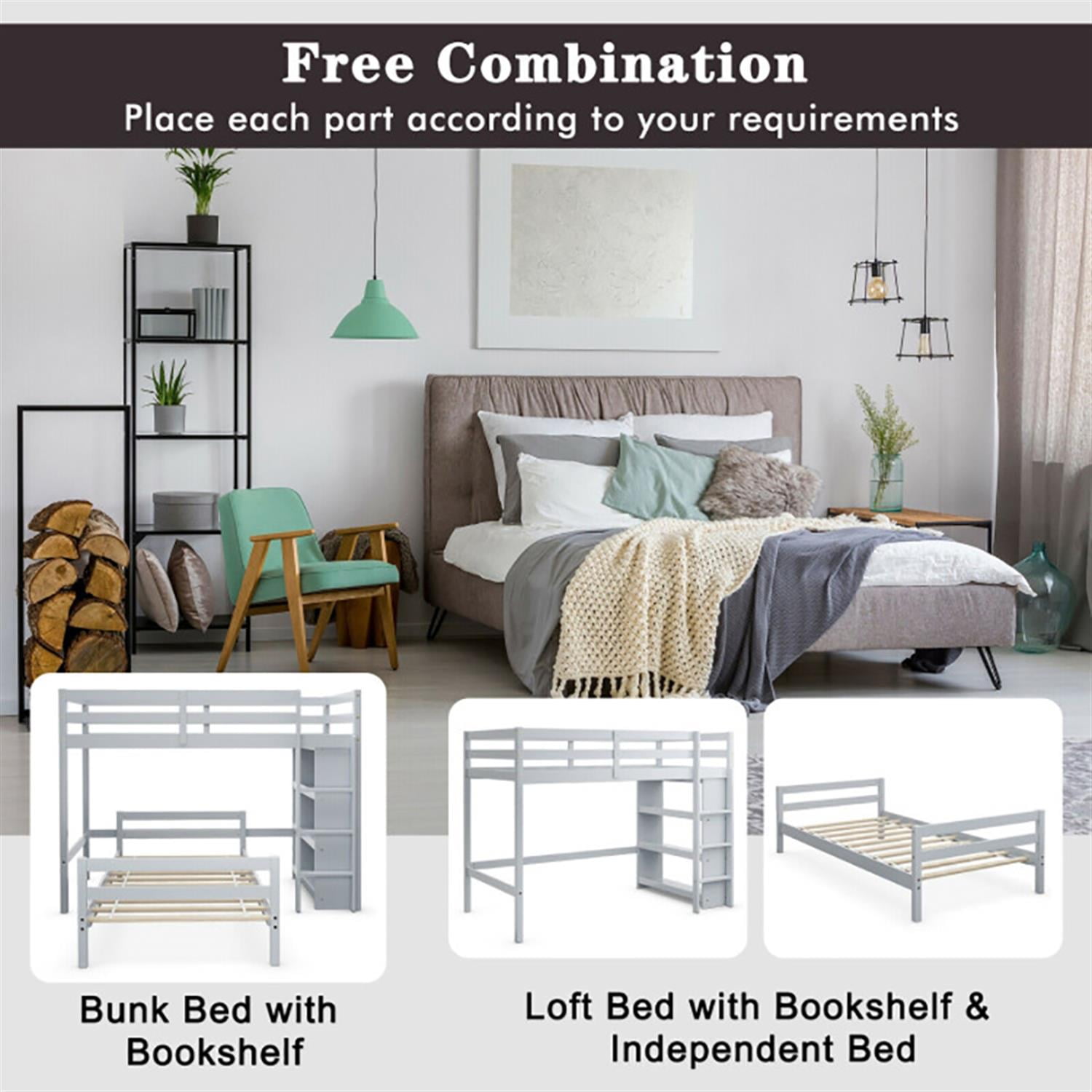 Demi Bonn Twin Over Twin Loft Bunk Bed with Bookcase, Twin Bunk Beds, Space-saving Solid Wood House Bed Frame, Gray