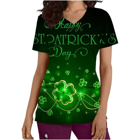 

CYMMPU Women s V-Neck Pocketed Scrub_Tops Nurse Workwear Uniform Clearance Tops Summer Tees Short Sleeve Shirts Trendy St. Patrick s Day Tunic Green Clover Graphic Fashion Tshirts Mint Green L