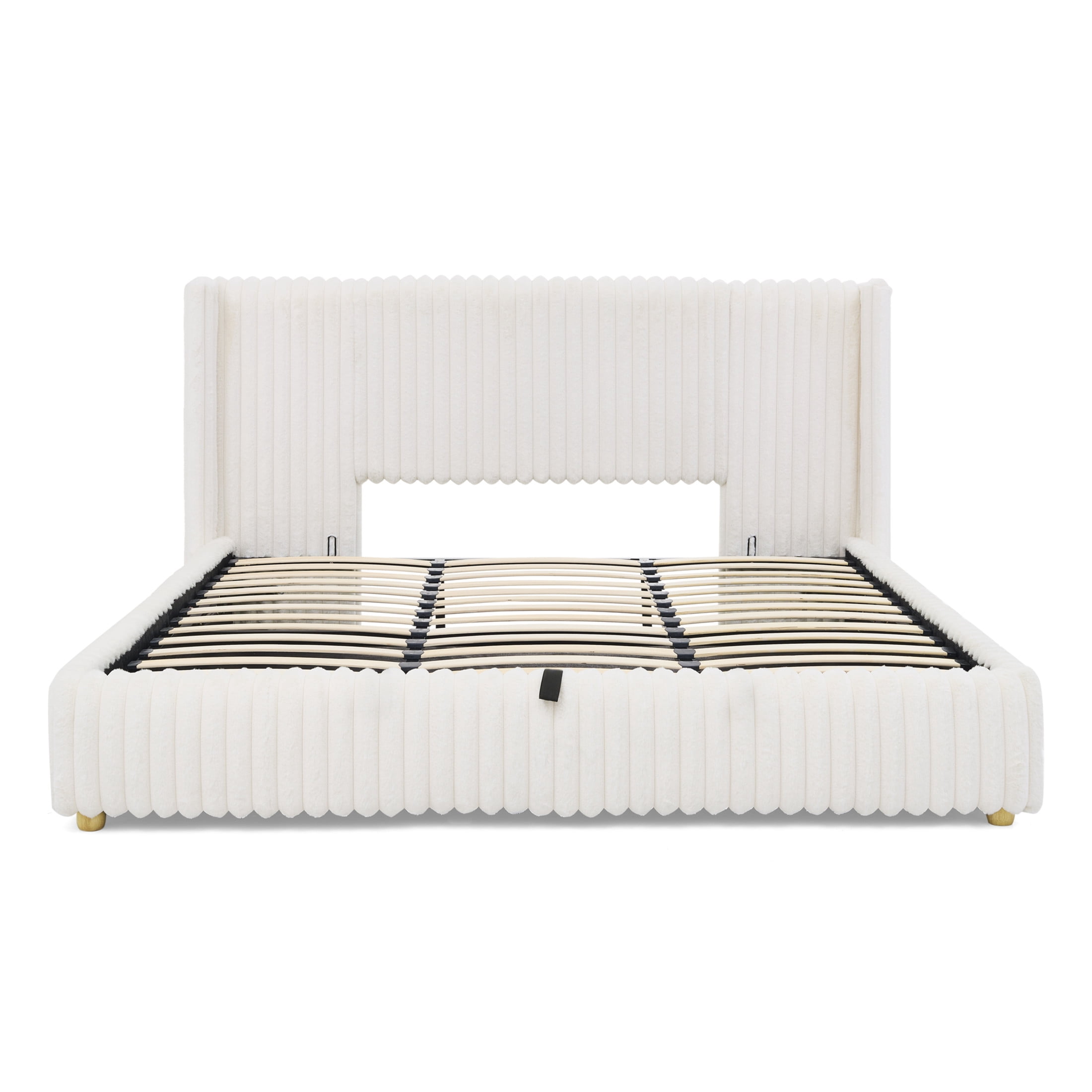 Noble House Renton King Size Platform Bed, Fluffy Faux Rabbit Fur Fabric Bed with Under-Bed Storage System, Beige