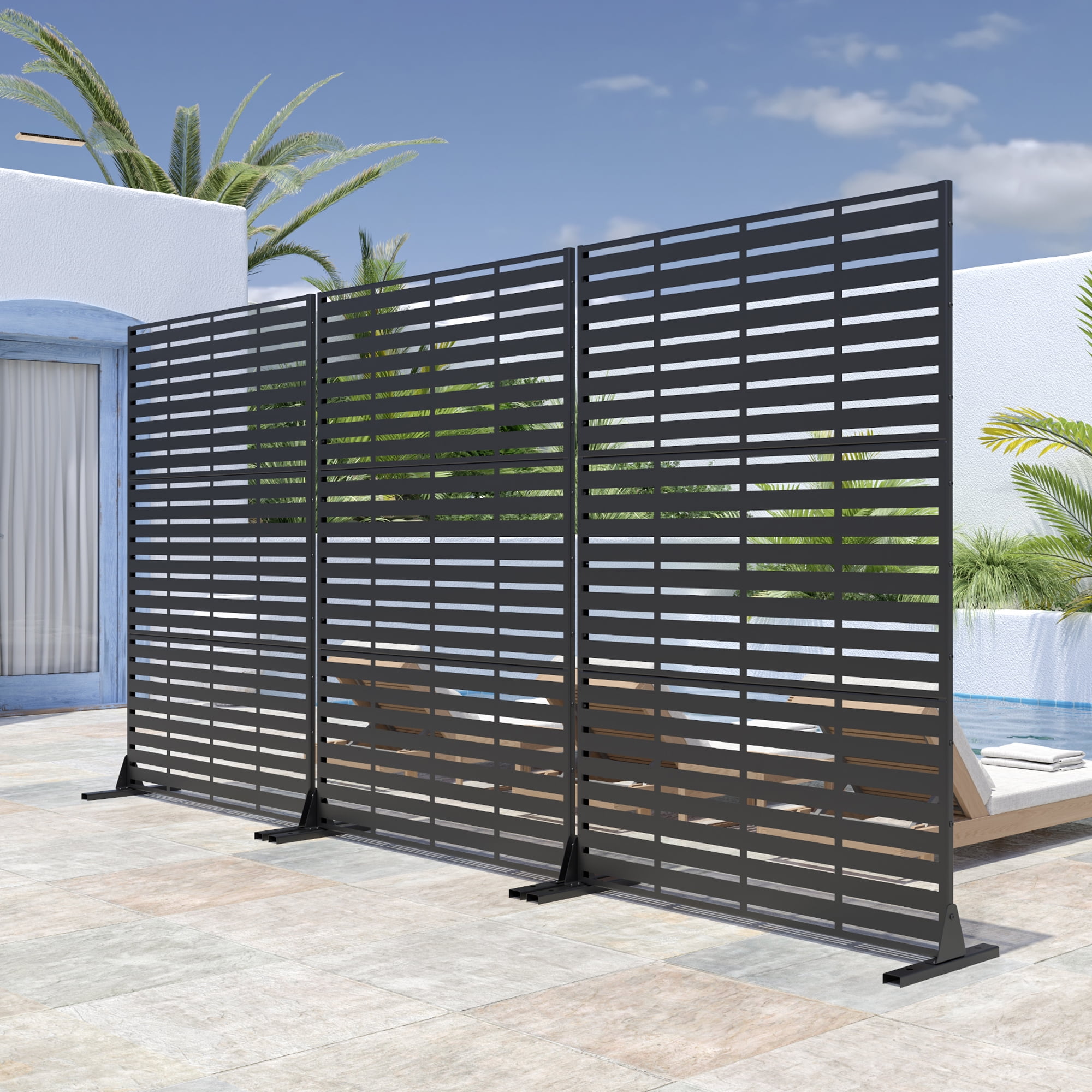 MAYEERTY 72"x47" Outdoor Privacy Screen with Stand Adrian Metal Balcony Decorative Screen,Black