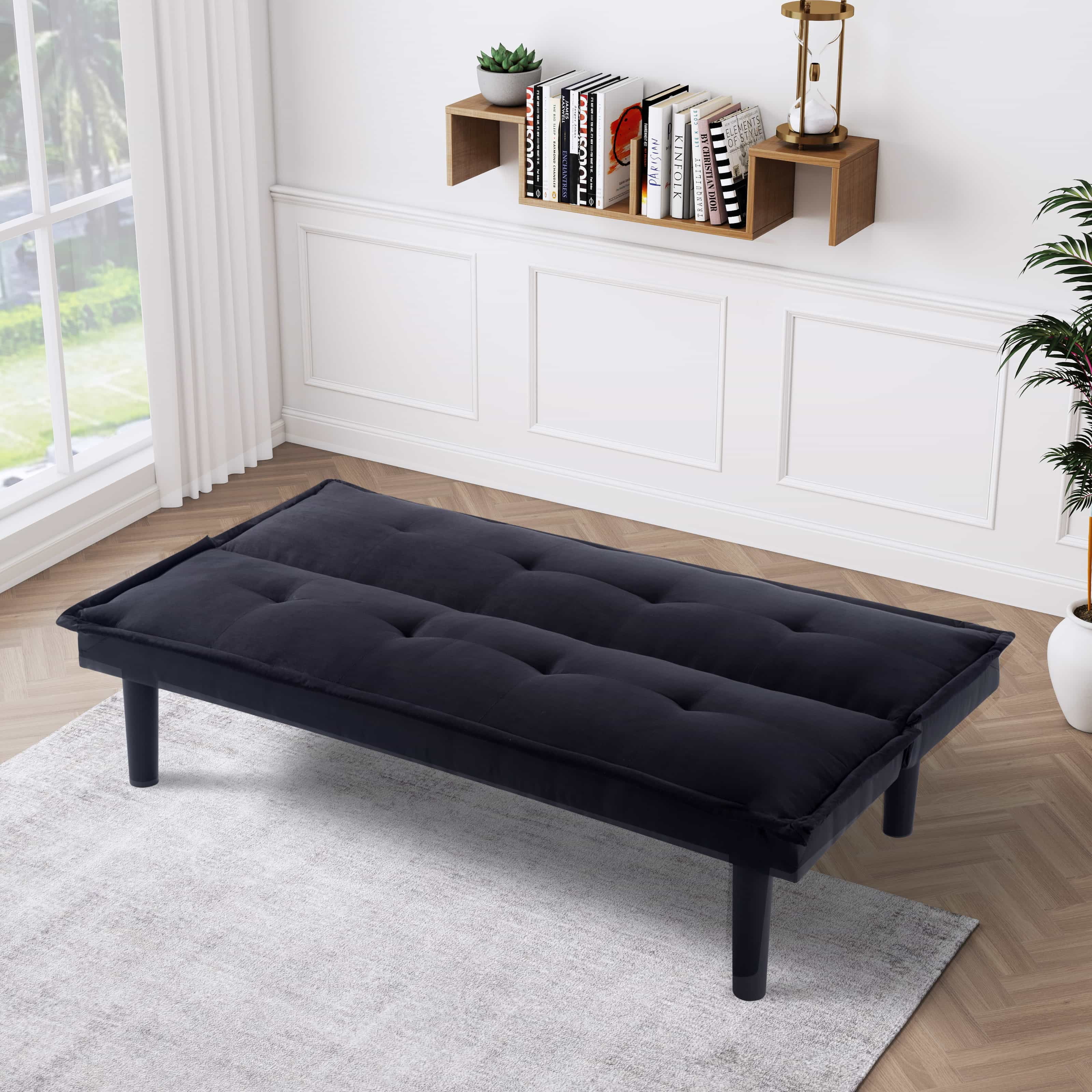 BSHTI 63.2 inch Futon Sofa Bed Black Faux Suede Upholstered Sofa Couch Convertible Sleeper Futon Sofa Bed for Livingroom in Macao at MOP 1130 Rating 5