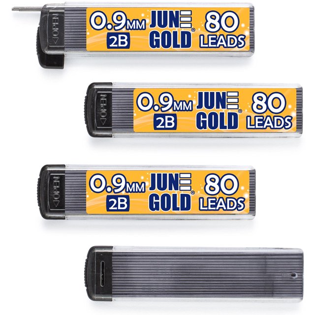 June Gold 320 Pcs, Recharges de Plomb 2B 0,9 mm, 80 Pcs par Tube, Épaisseur Épaisse, Résistant aux Casses (Lot de 4 Distributeurs)