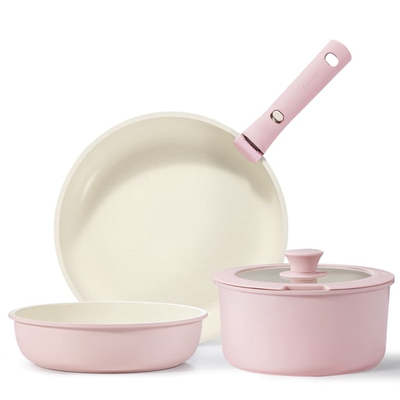 Carote 5 Pcs Pots and Pans Nonstick, Cookware Set with Detachable Handles, Oven Safe, Induction Ready, Stackable Kitchen Cooking Set, Pink