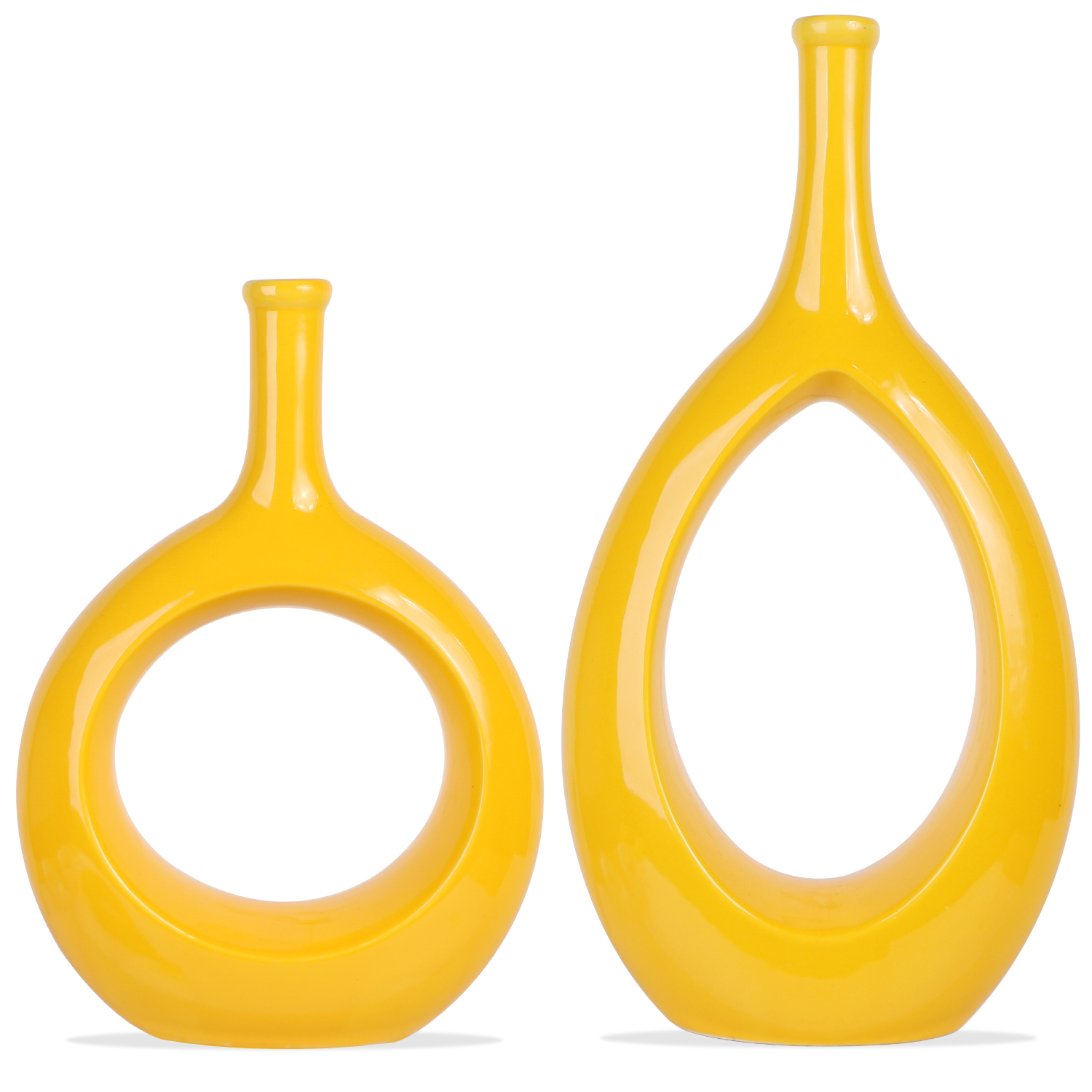 SANFERGE Set of 2 Yellow Ceramic Hollow Oval Vase with Hole in Center