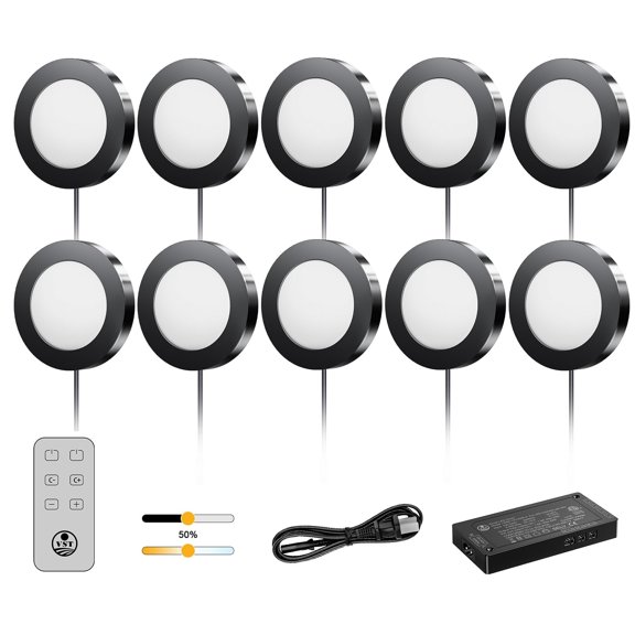 VST Under Cabinet Lights CCT 3000K-6500K, LED Puck Light Color Temperature and Brightness Adjustable with Touch Remote Dimmer and ETL-Listed Led Driver for Drawer Wardrobe Kitchen, 10 Pack,Black