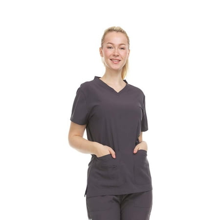 

Heal + Wear Women Scrubs Top V-Neck Short Sleeve Female Medical with Pockets Regular Fit 4 Way Stretch Pewter M