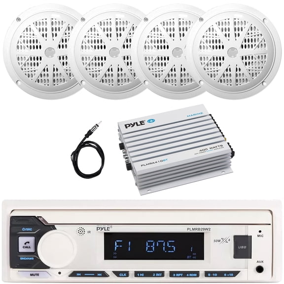 Pyle PLMRB29W2 Single DIN Marine Bluetooth USB/AUX MP3 Player AM/FM Radio In-Dash Stereo White Receiver, 4x 6.5'' 120W Max Power Dual Cone Boat White Speakers, 4 Channel Bluetooth Amplifier, Antenna