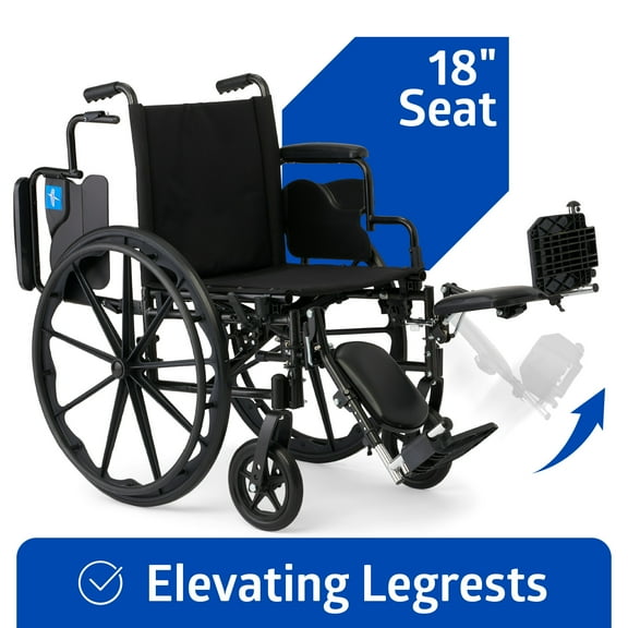 Medline Lightweight Wheelchair with Swing-Back Desk-Length Arms & Elevated Legrests, 16"x18" Seat, 300 lbs Weight Capacity, Black