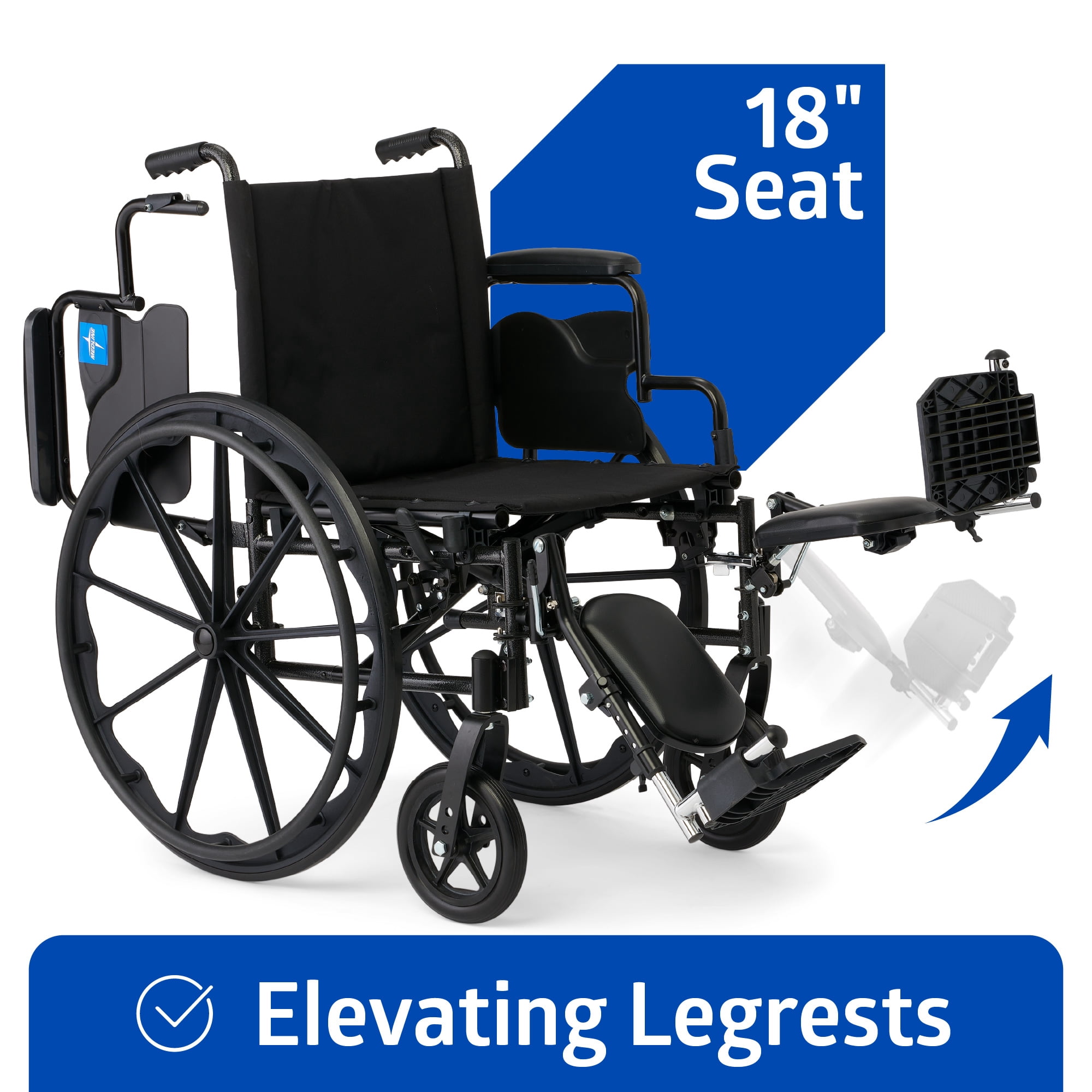Medline Lightweight Wheelchair with Swing-Back Desk-Length Arms & Elevated Legrests, 16"x18" Seat, 300 lbs Weight Capacity, Black