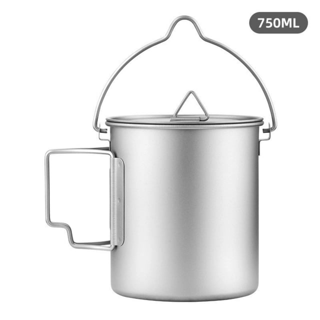 Titanium Pot 750ml Ultraléger Portable Pot Suspendu avec Couvercle et Poignées Pliables Camping Extérieur Randonnée