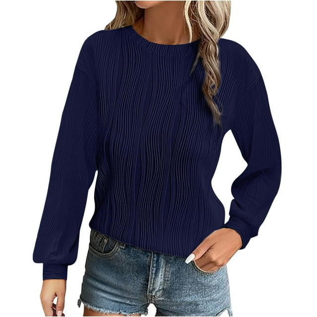 Dagugfen Blouses pour Femmes Habillées Décontractées Texturées Manches Longues Col Rond Ample Vêtements de Travail Décontractés Automne
