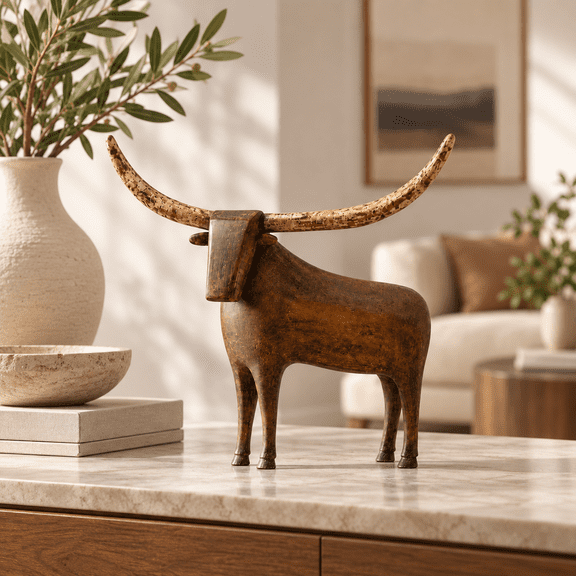 Vintage Longhorn Bull Sculpture, Western Resin Cow Figurine with Metal Accents, Rustic Tabletop Mantel Shelf Decor for Christmas Home Office Cabin