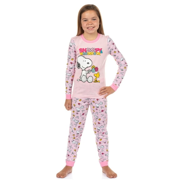 Peanuts Snoopy and Woodstock Girls' Pajamas Flower Motif Tight Fit Sleep Set