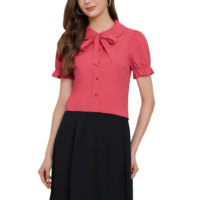 INSPIRAR CHIC Blusa de Mujer Vintage con Cuello Peter Pan y Corbata, Camisa Casual Linda de Algodón con Botones Talla L Color Rojo Pastel
