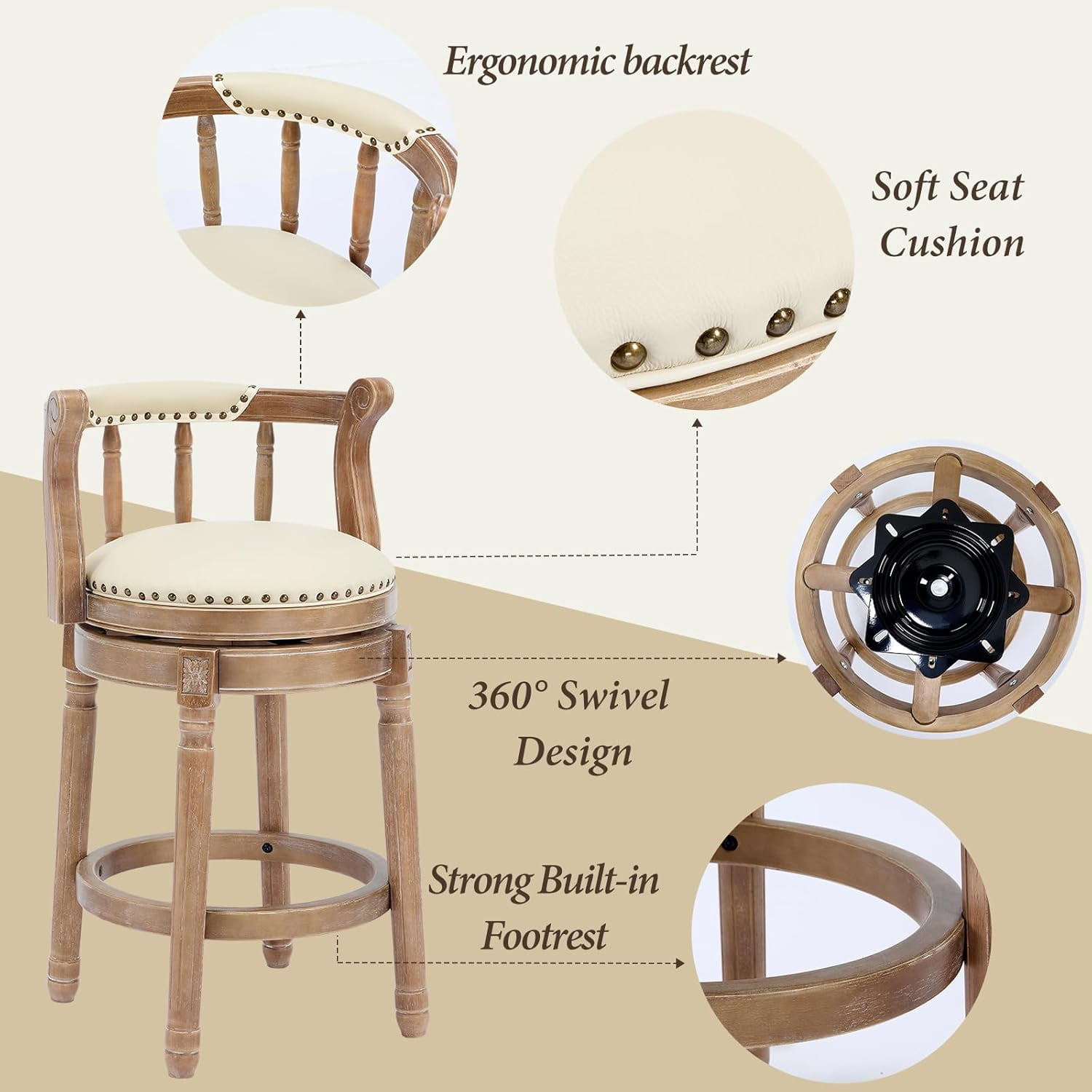 Aulife Bar Stools Genuine Leather Counter Height barstool Wooden Swivel kitchen Stool with Footrest for Kitchen Dining Room