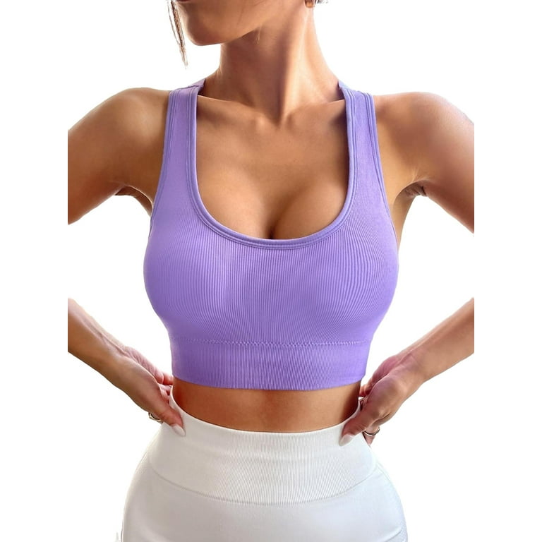 Women's Plain Low Cut Neck Lilac Purple Sports Bras M (6