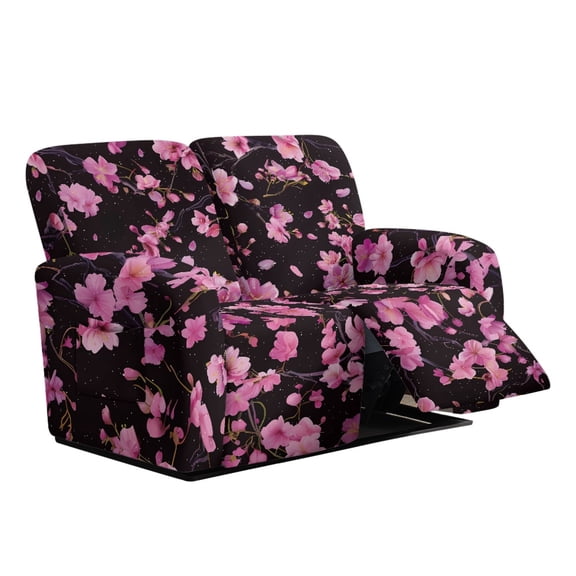 Xixirimido Stretch Recliner Slipcovers Printed Sofa Cover 6-Piece Reclining Chair Covers Recliner Chair Cover with Pockets Furniture Protector for Living Room, Pink Cherry Blossom Black