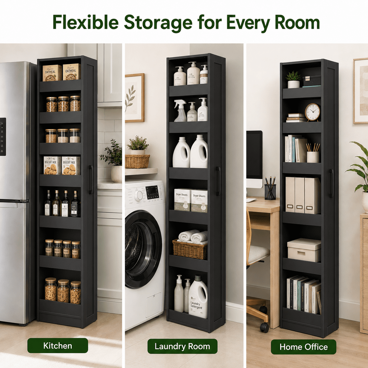 Aukfa 7-Tier Slim Rolling Pantry Cabinet, 68.3" Narrow Pull-Out Kitchen Storage Cart with Handle and Casters,Black